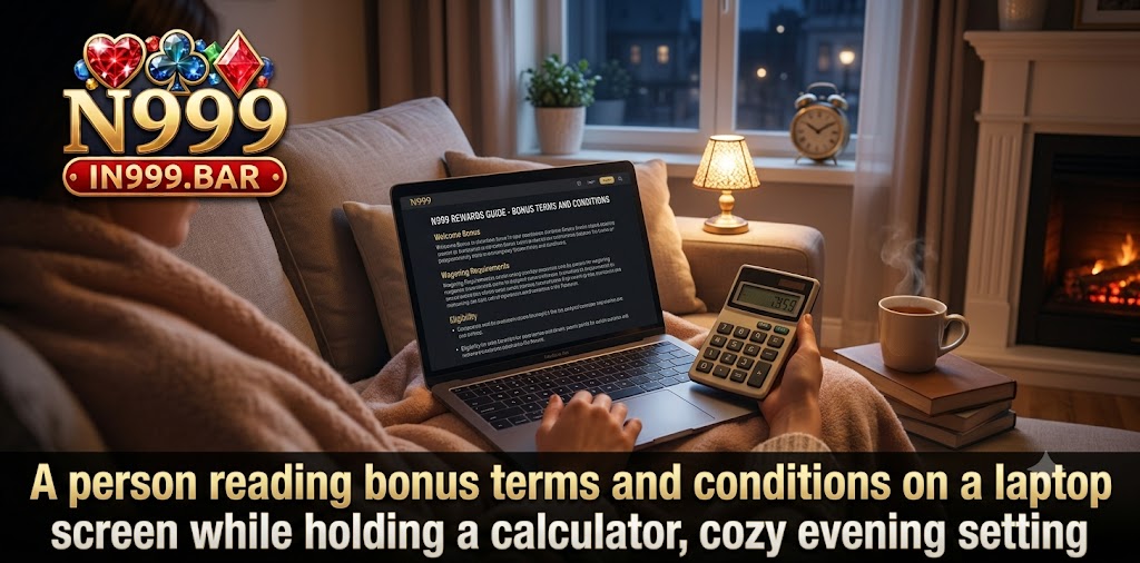 A person reading bonus terms and conditions on a laptop screen while holding a calculator, cozy evening setting
