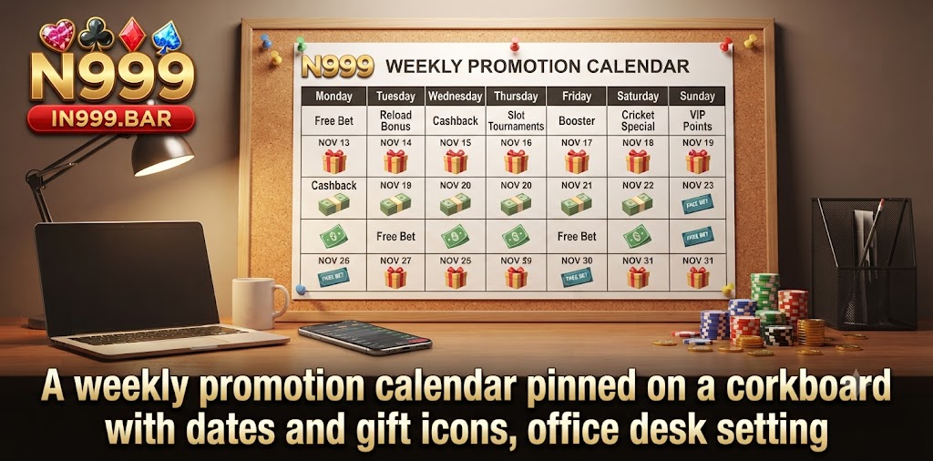 A weekly promotion calendar pinned on a corkboard with dates and gift icons, office desk setting